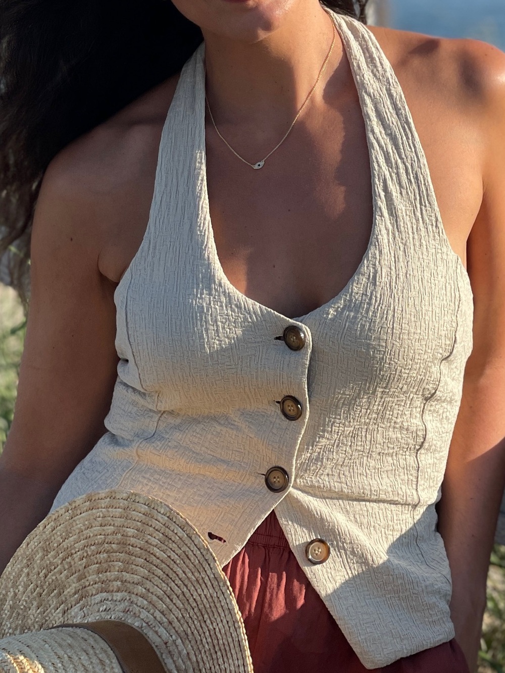 Anthropologie Cream Textured Halter Button-Front Camisole
